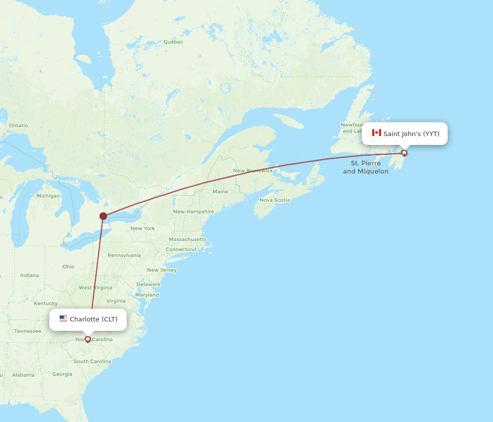 St. John's - Charlotte route map and flight paths