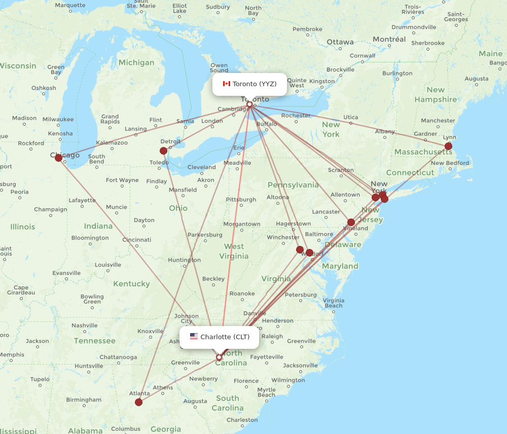 CLT to YYZ flights and routes map