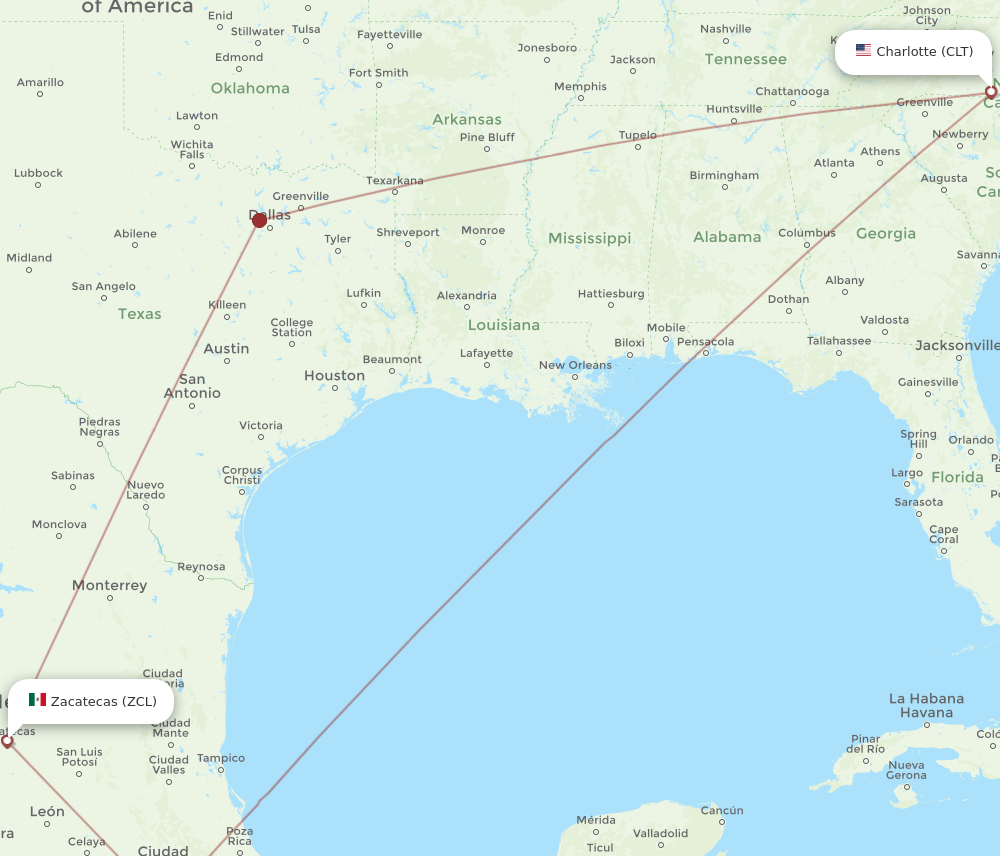 ZCL to CLT flights and routes map