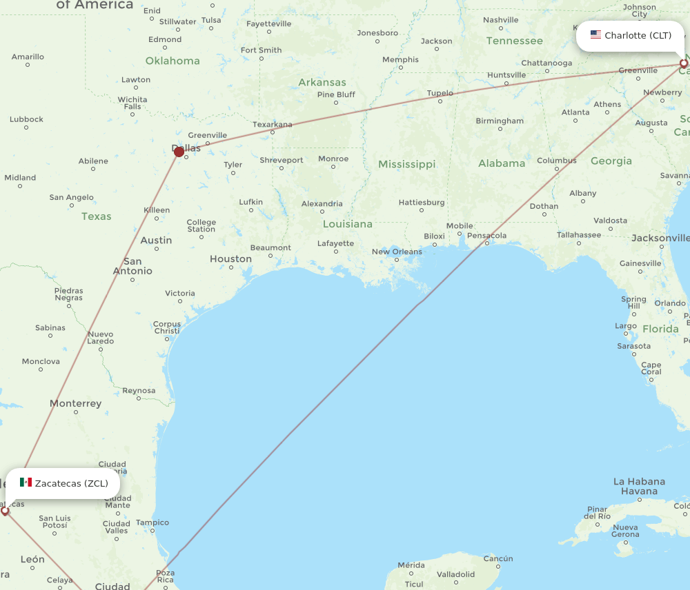 ZCL to CLT flights and routes map