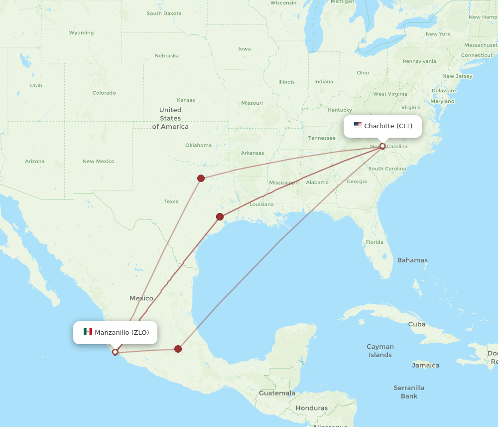 Manzanillo - Charlotte route map and flight paths