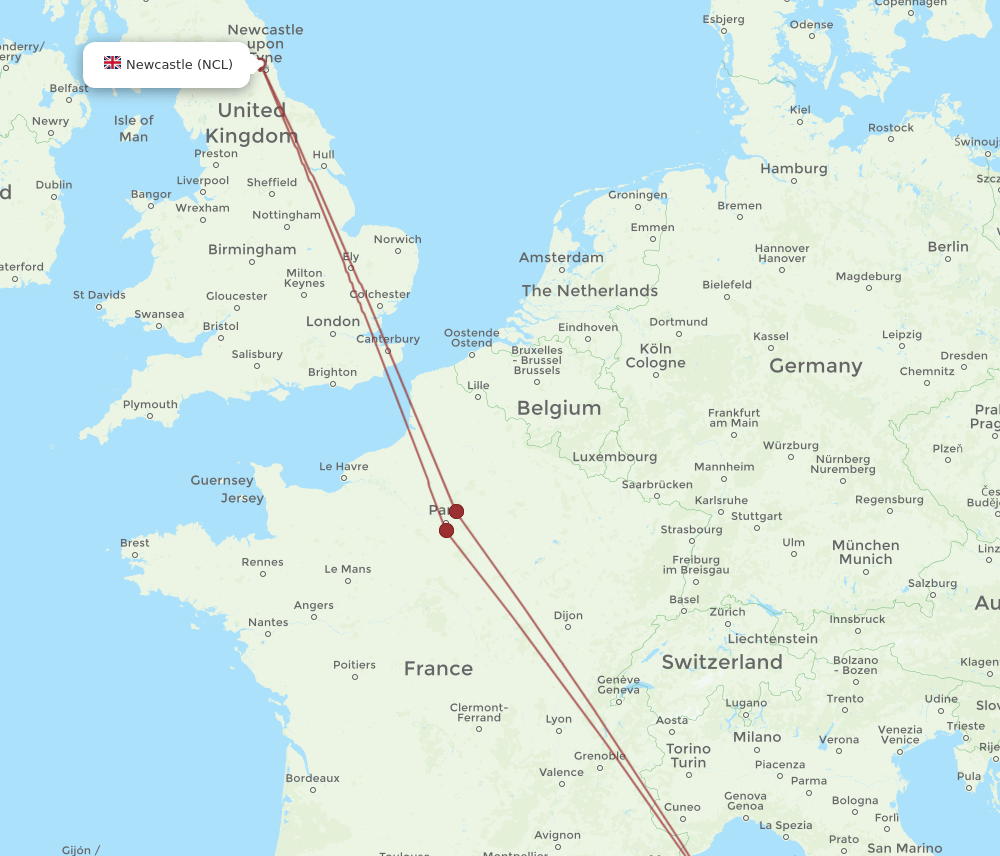 CLY-NCL flight routes