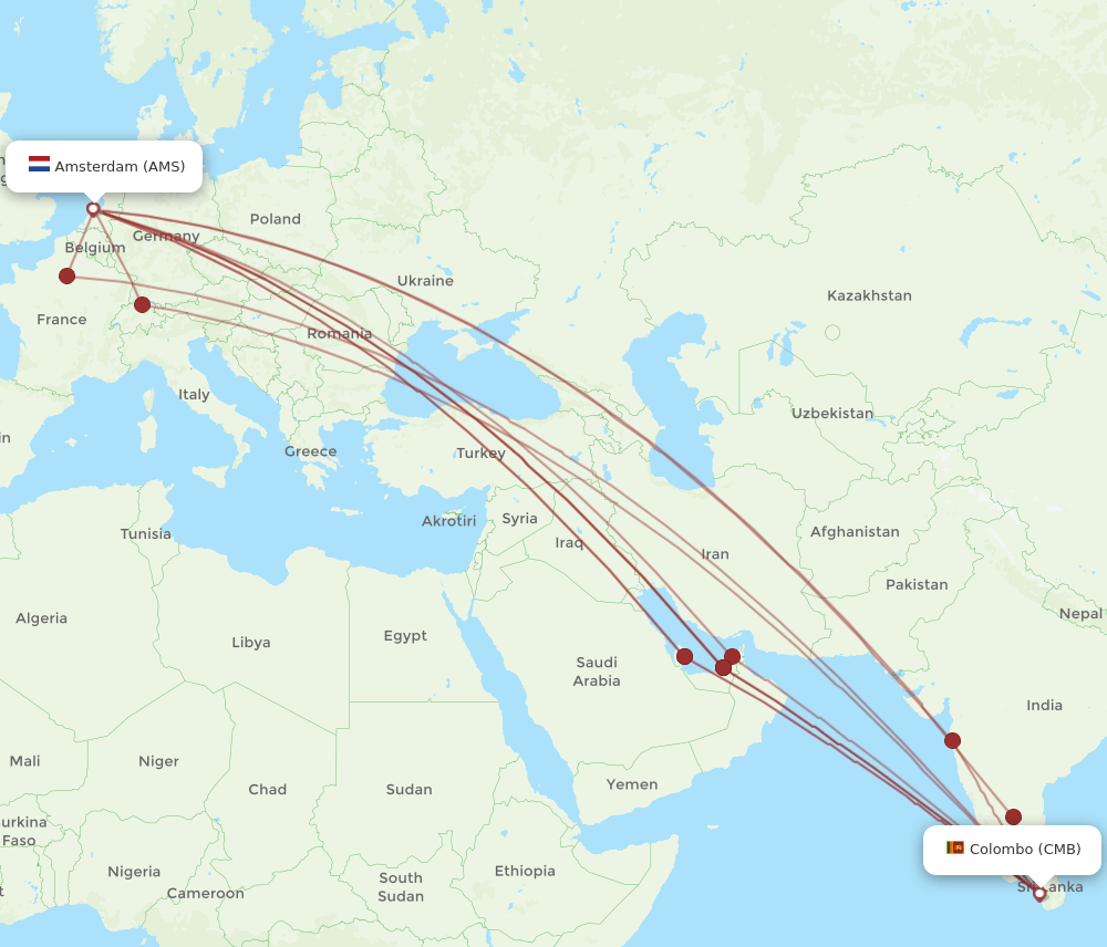 CMB to AMS flights and routes map