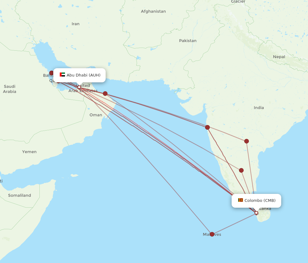 CMB to AUH flights and routes map
