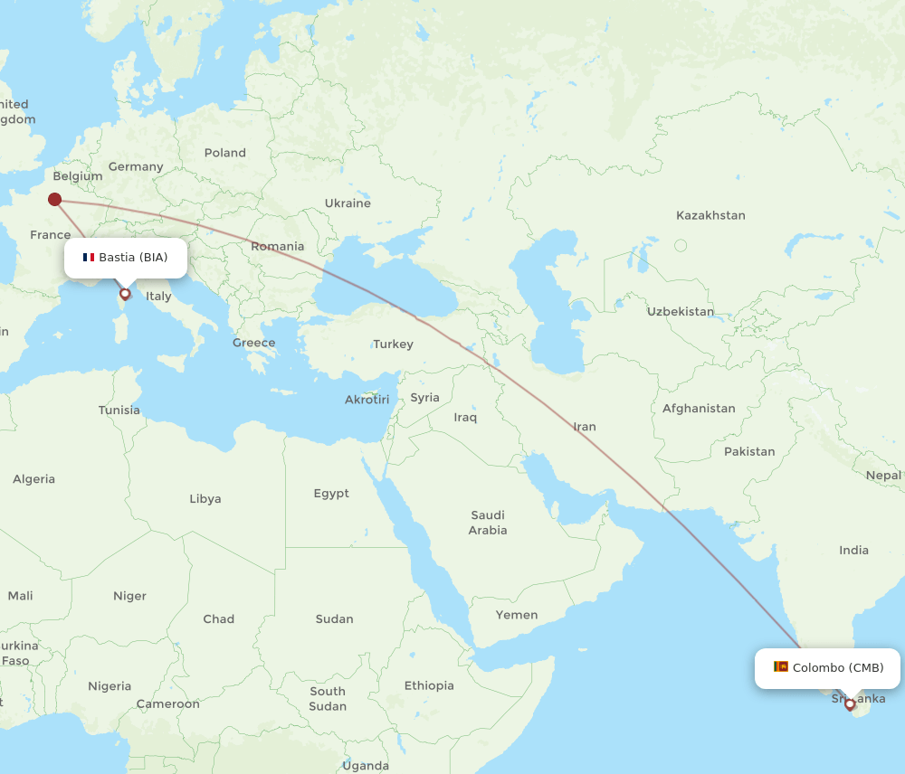 Bastia - Colombo route map and flight paths