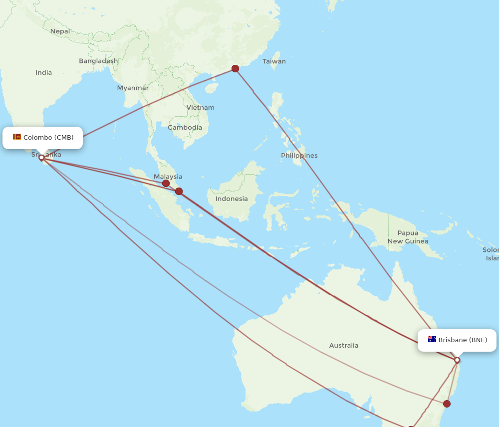 CMB to BNE flights and routes map