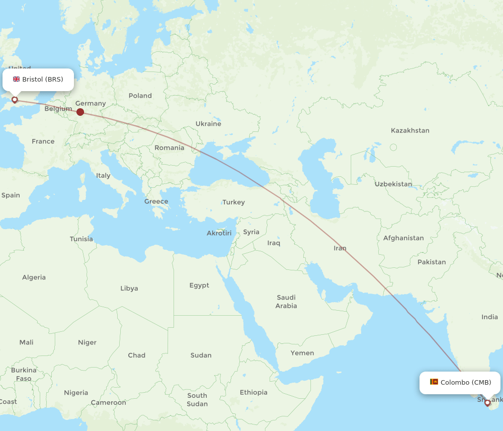 Colombo - Bristol route map and flight paths
