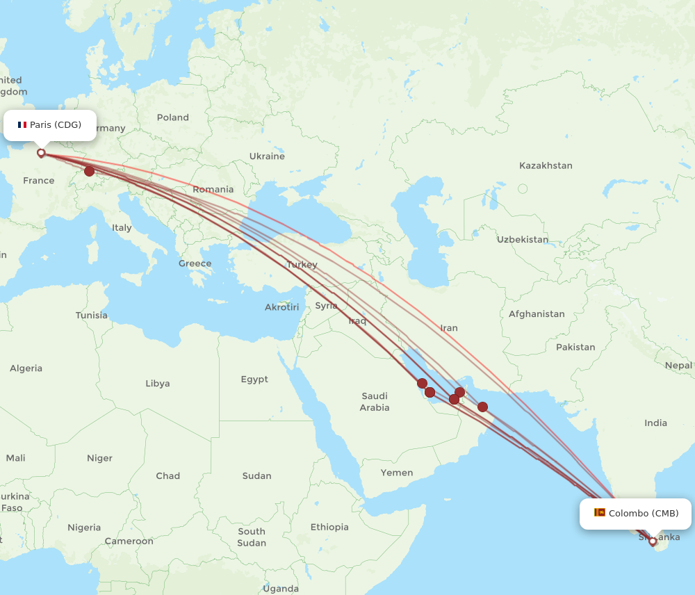CMB to CDG flights and routes map