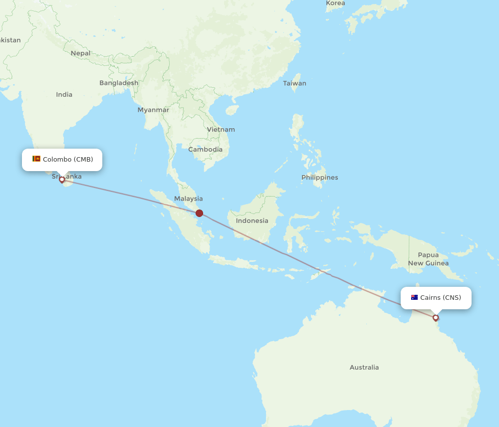 Cairns - Colombo route map and flight paths