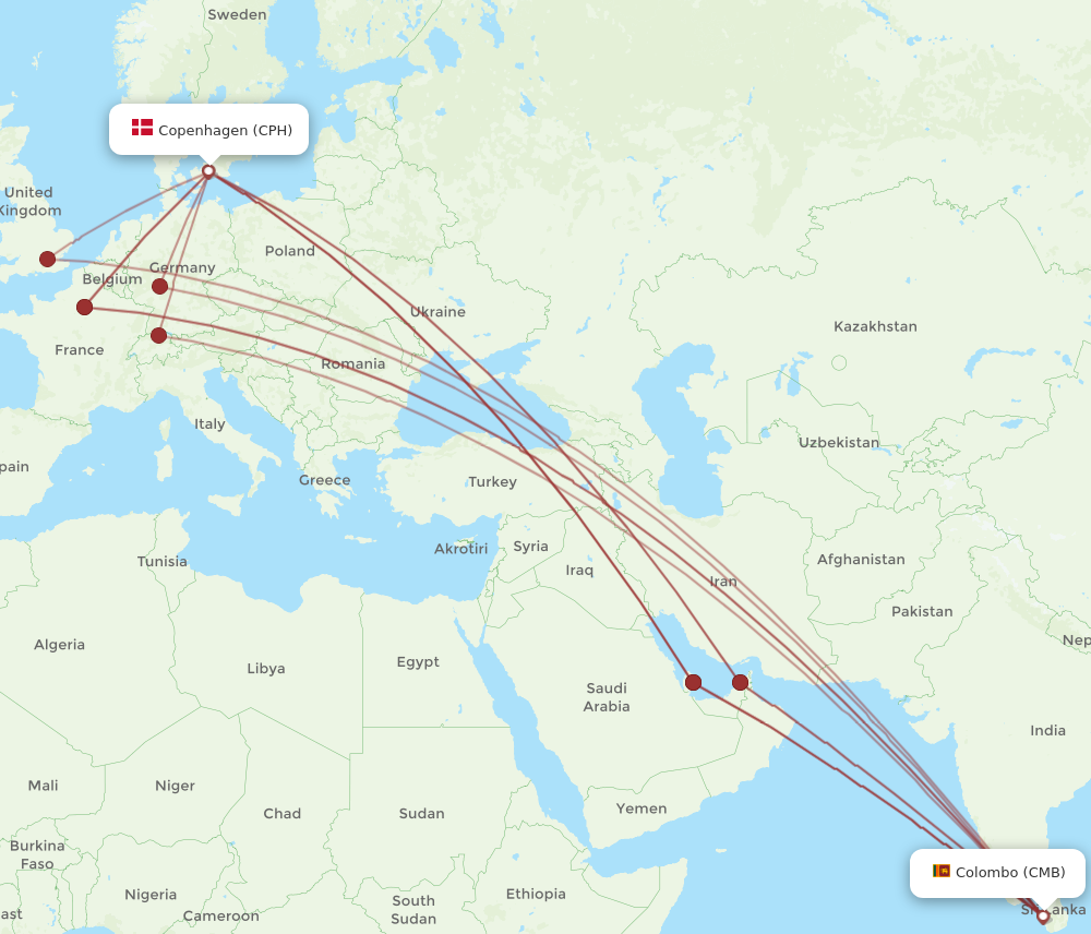 CMB to CPH flights and routes map