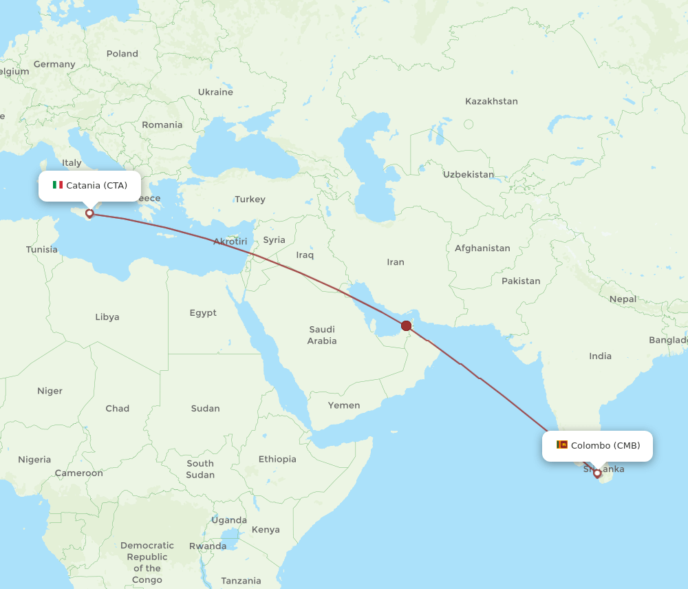 Catania - Colombo route map and flight paths