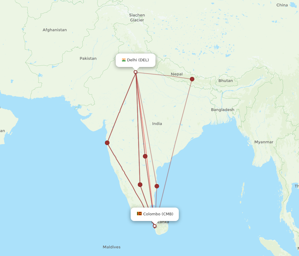 CMB to DEL flights and routes map
