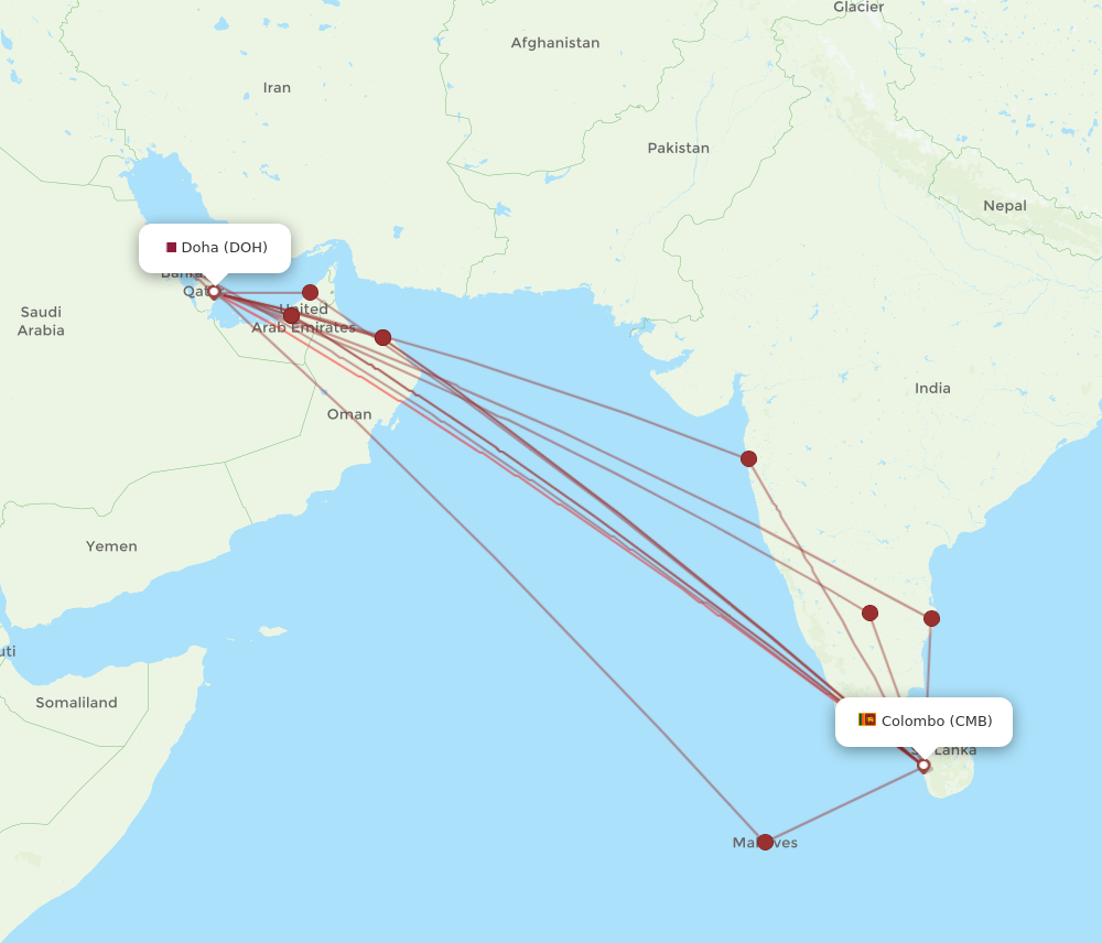 CMB to DOH flights and routes map