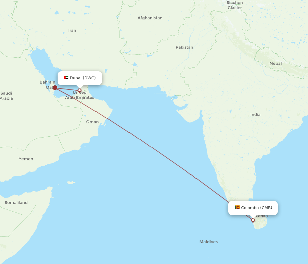 Colombo - Dubai route map and flight paths