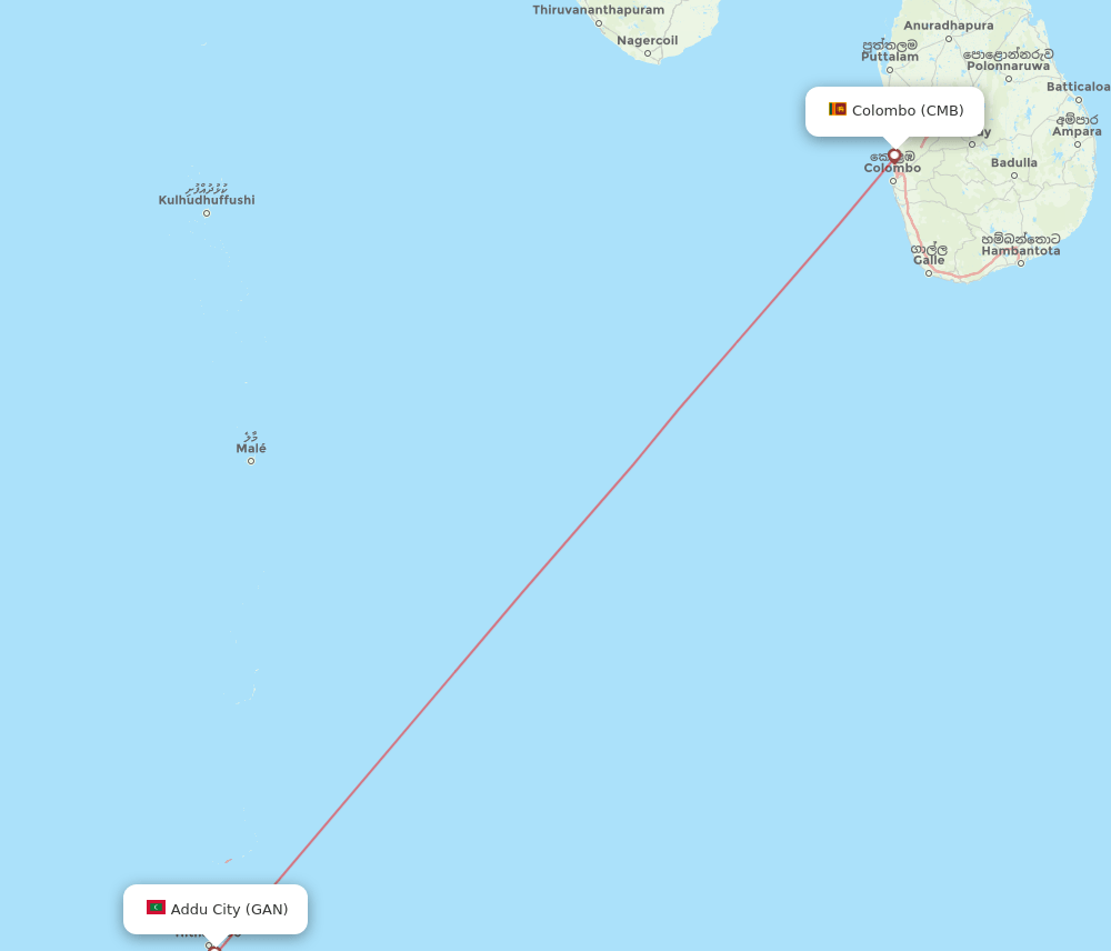 Colombo - Gan Island route map and flight paths