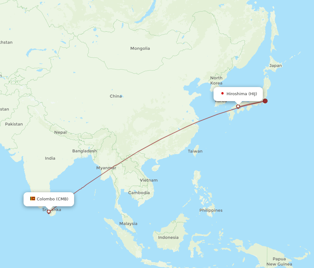 Hiroshima - Colombo route map and flight paths