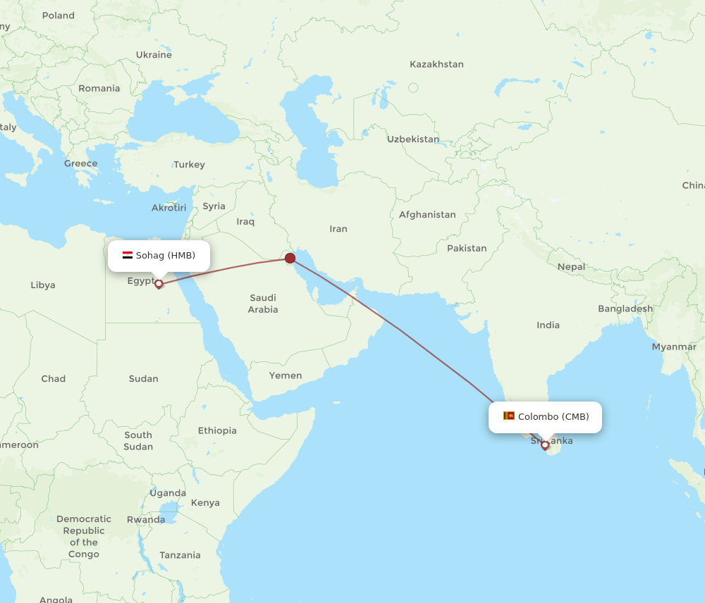 Sohag - Colombo route map and flight paths