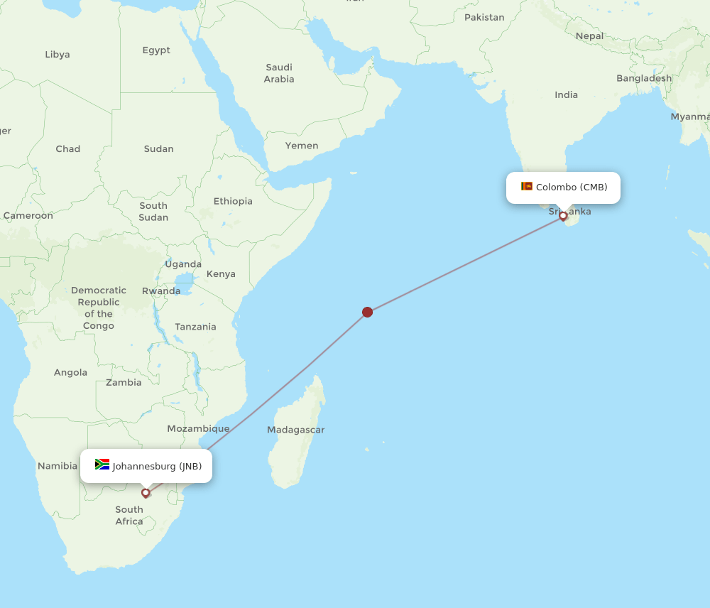JNB to CMB flights and routes map