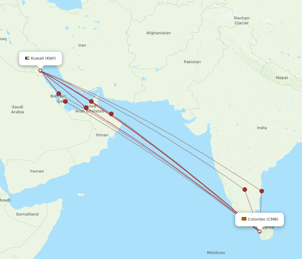 CMB to KWI flights and routes map
