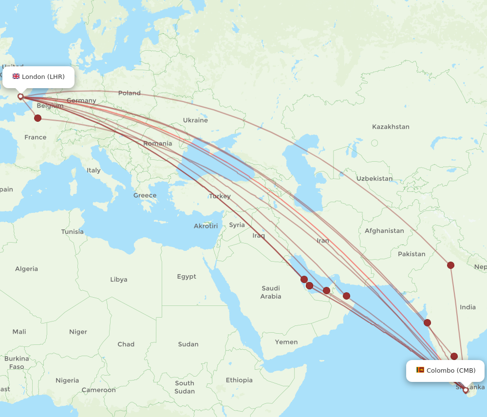 CMB to LHR flights and routes map