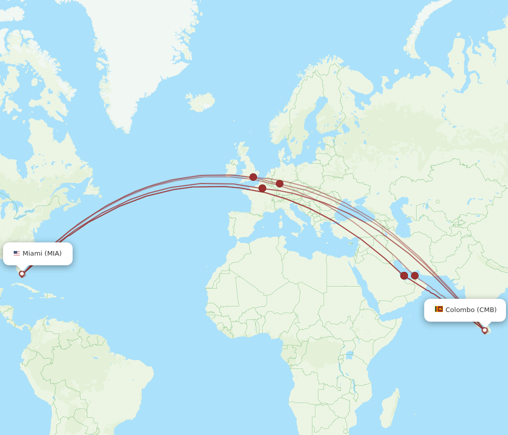 CMB to MIA flights and routes map