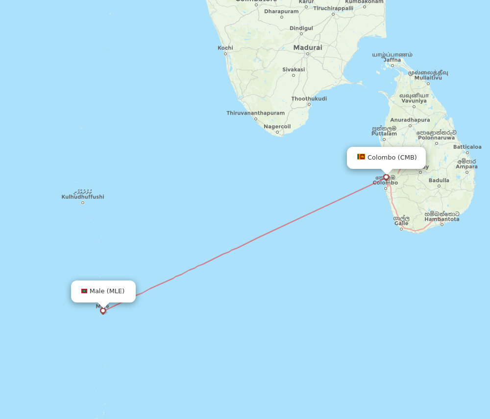 Colombo - Male route map and flight paths