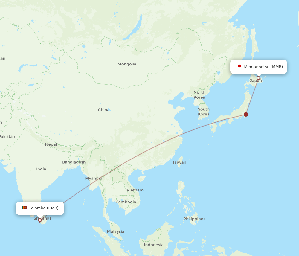 Memanbetsu - Colombo route map and flight paths