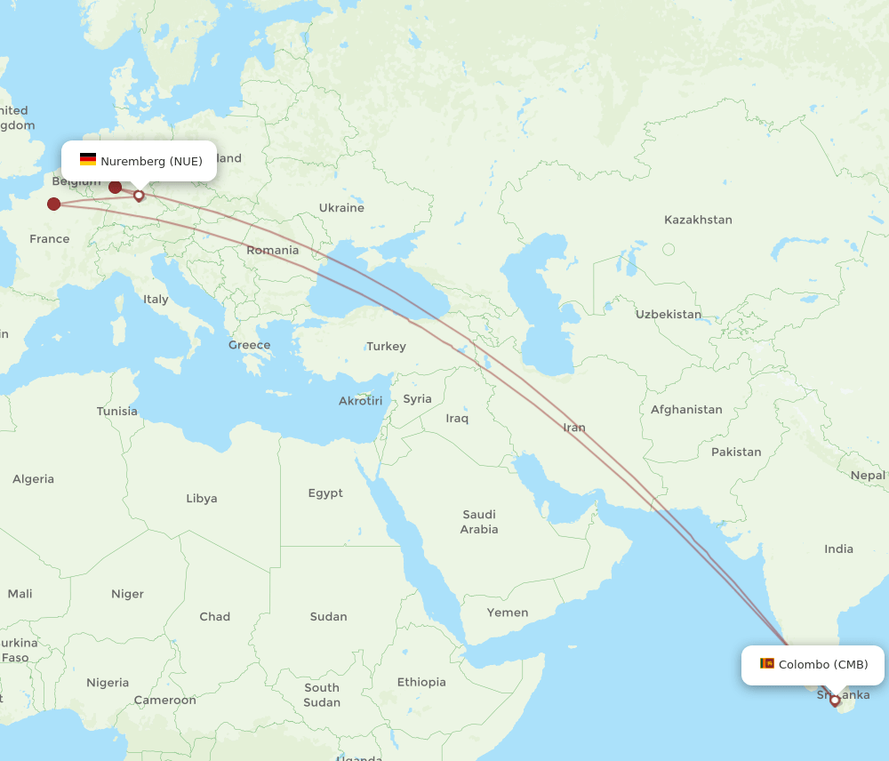 CMB to NUE flights and routes map