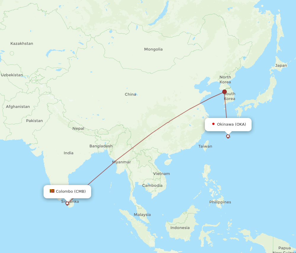 Okinawa - Colombo route map and flight paths