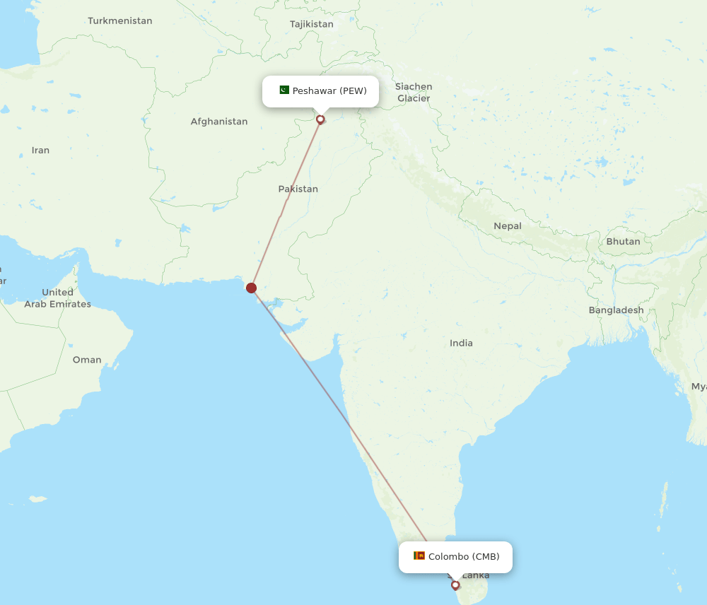 Peshawar - Colombo route map and flight paths
