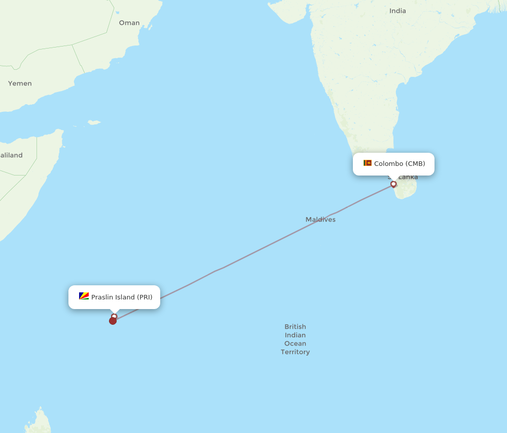 Praslin Island - Colombo route map and flight paths