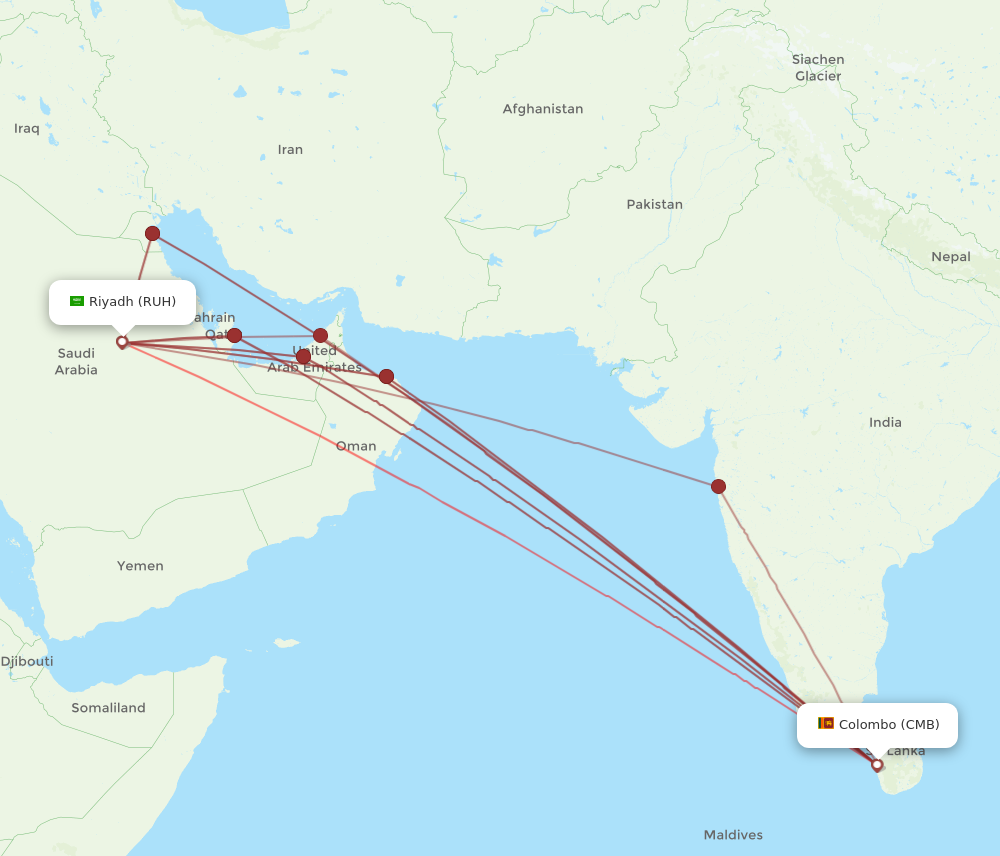 CMB to RUH flights and routes map