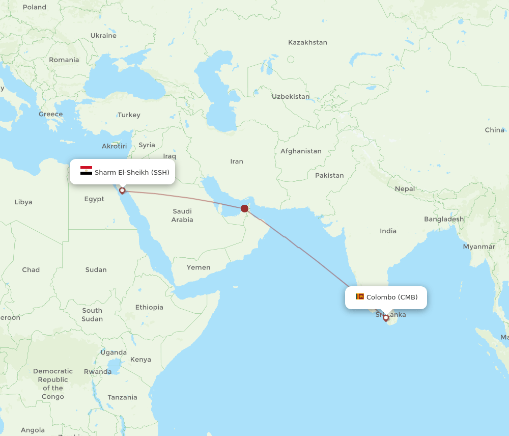 Sharm el Sheikh - Colombo route map and flight paths