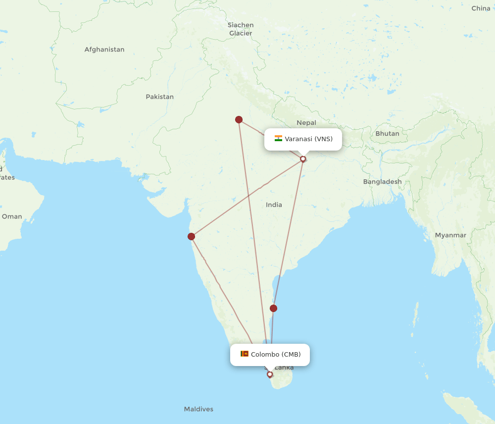 CMB to VNS flights and routes map