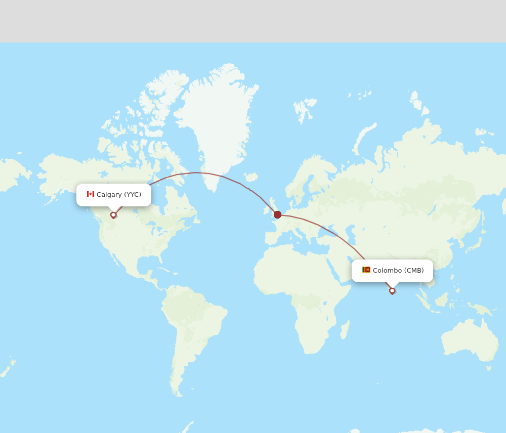 Colombo - Calgary route map and flight paths