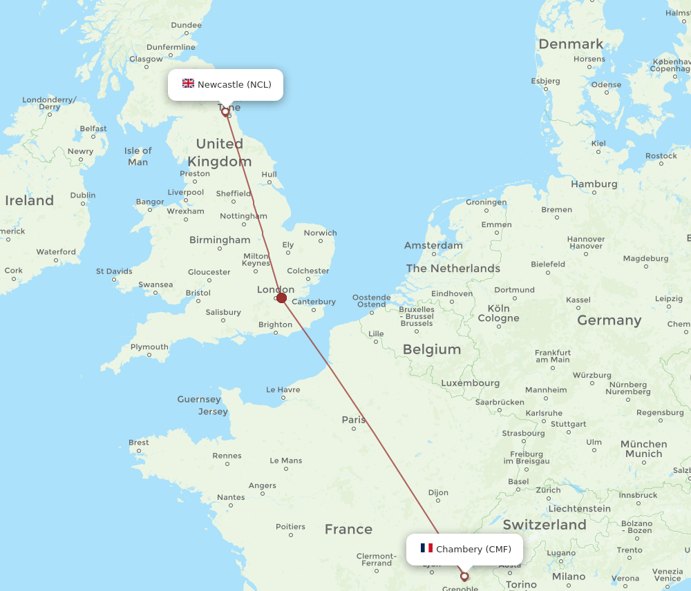 Chambery - Newcastle route map and flight paths