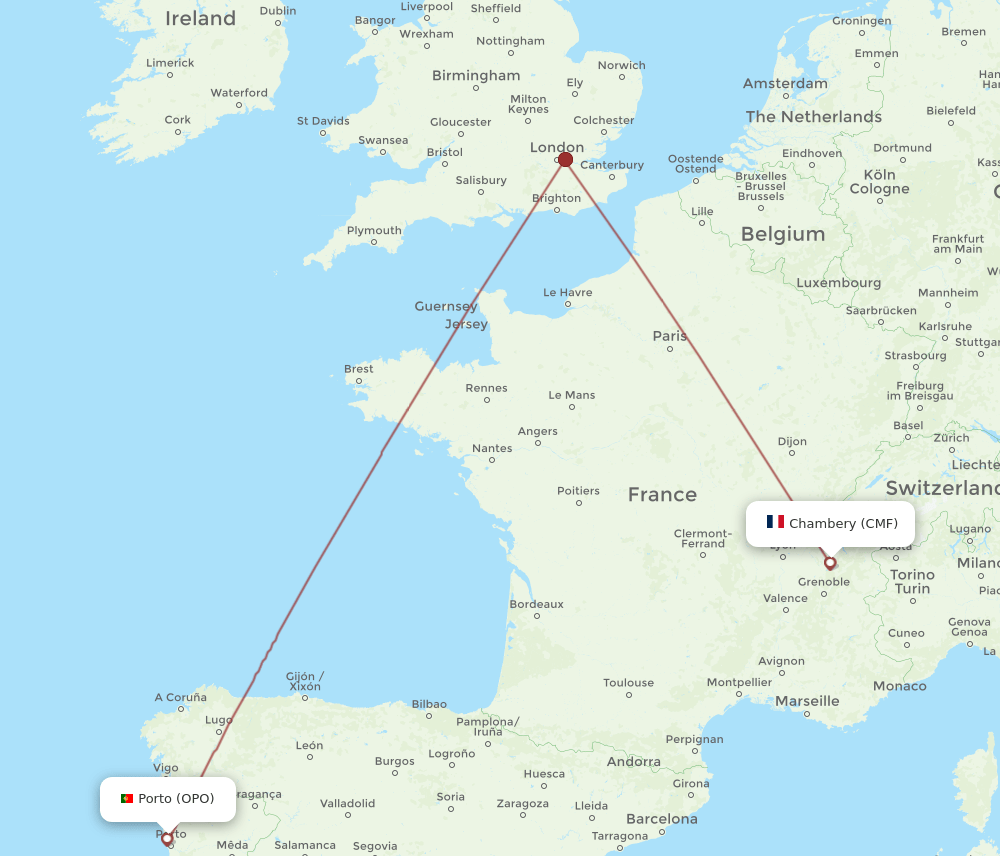 Chambery - Porto route map and flight paths