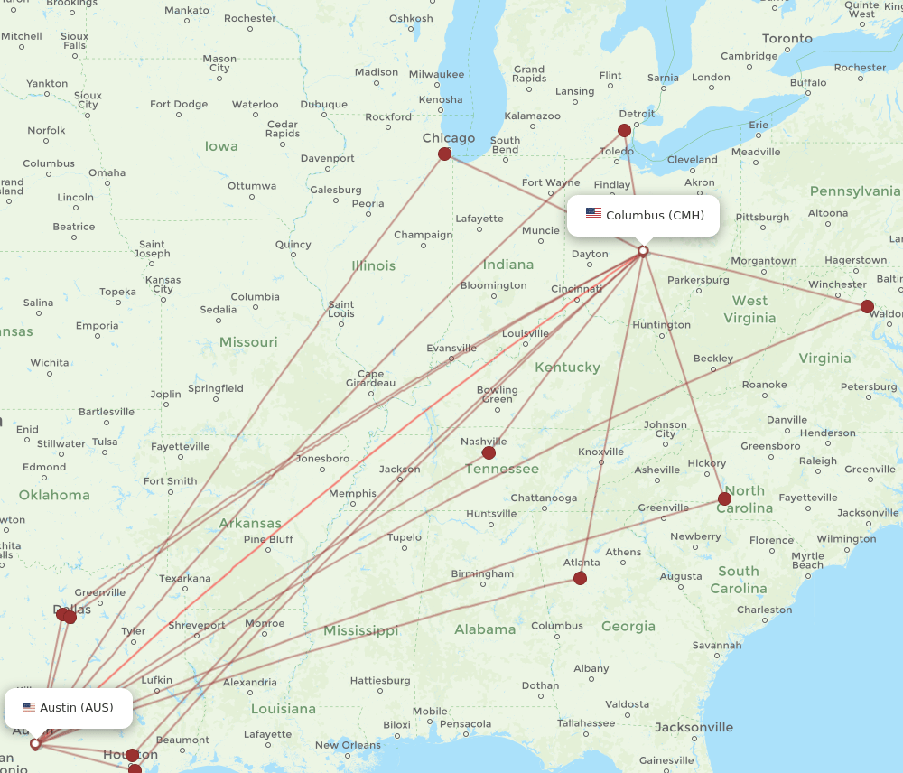 CMH to AUS flights and routes map