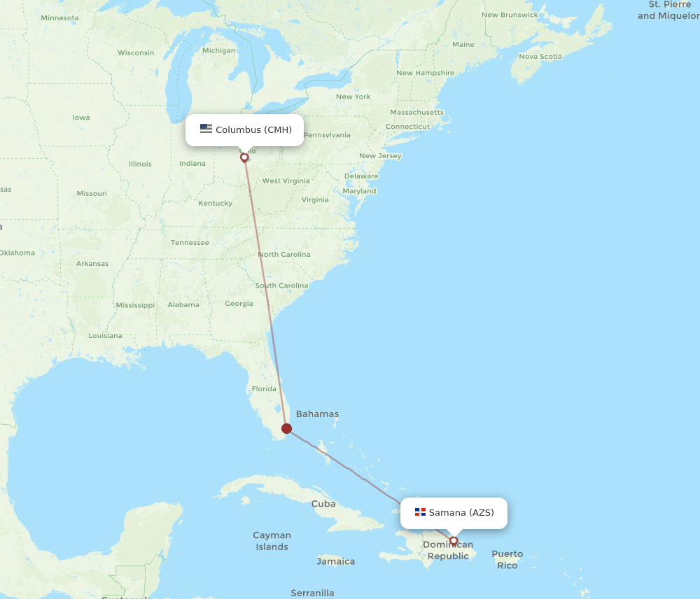 Columbus - El Catey/Samana route map and flight paths