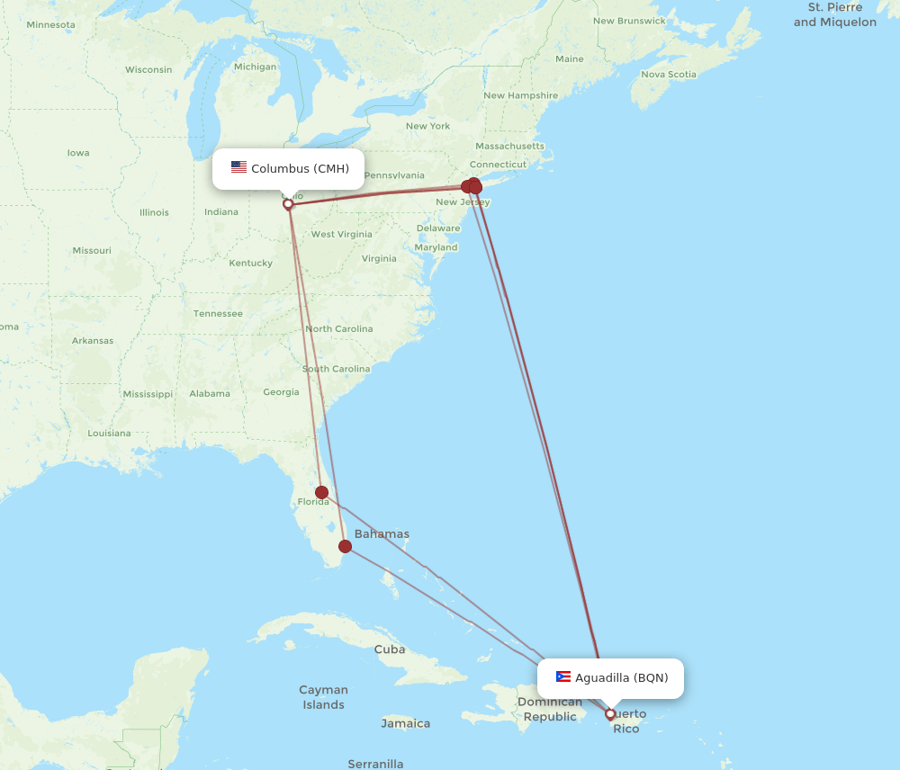 CMH to BQN flights and routes map