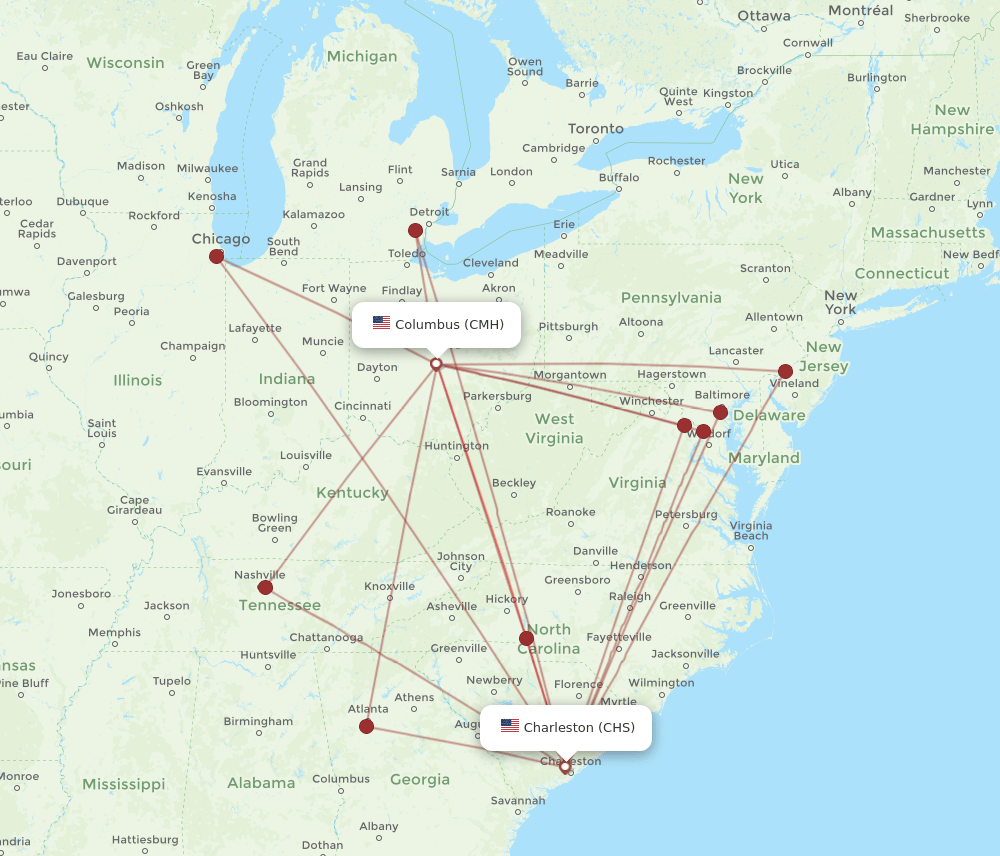 CMH to CHS flights and routes map