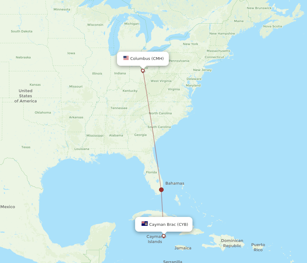 Cayman Brac Island - Columbus route map and flight paths