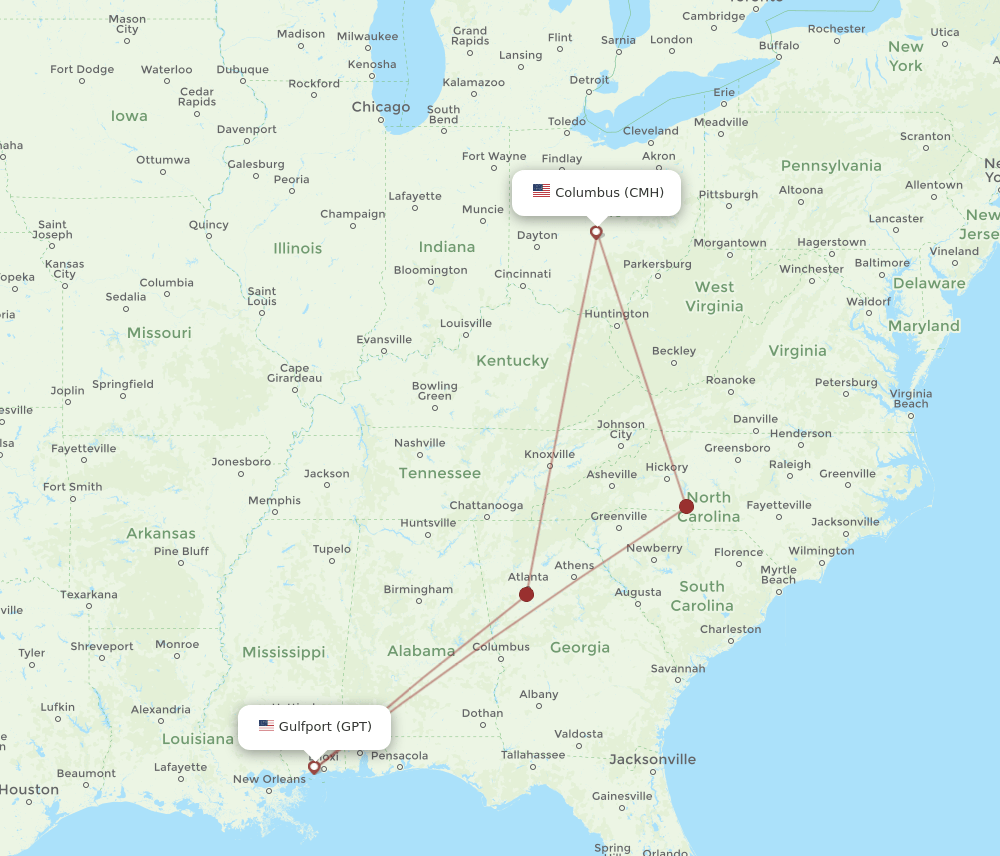 CMH-GPT flight routes