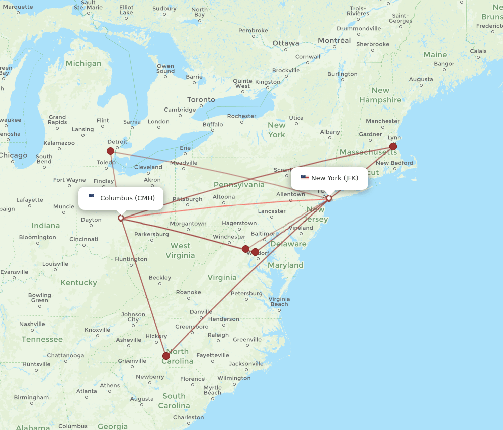 CMH-JFK flight routes
