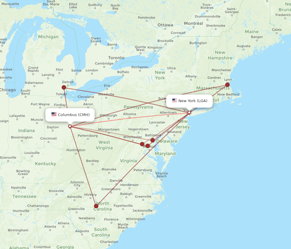 CMH to LGA flights and routes map