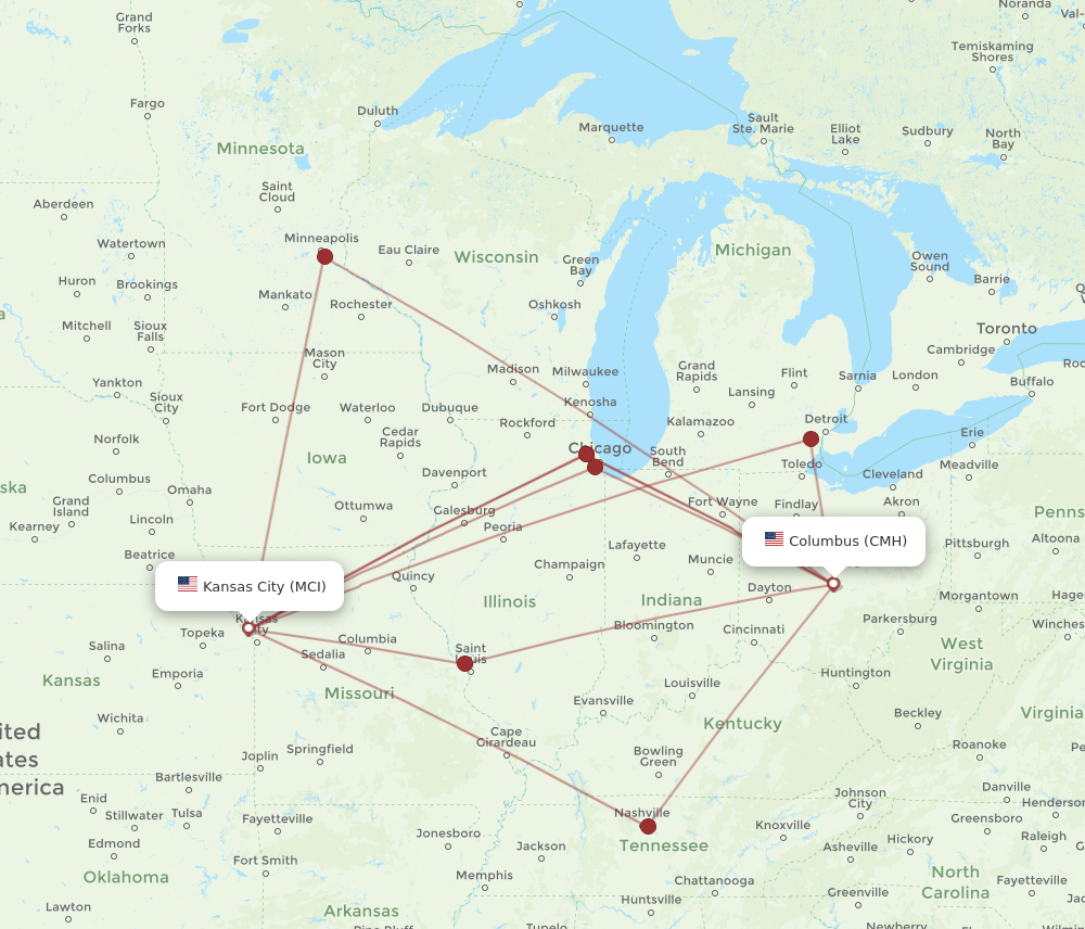 CMH to MCI flights and routes map