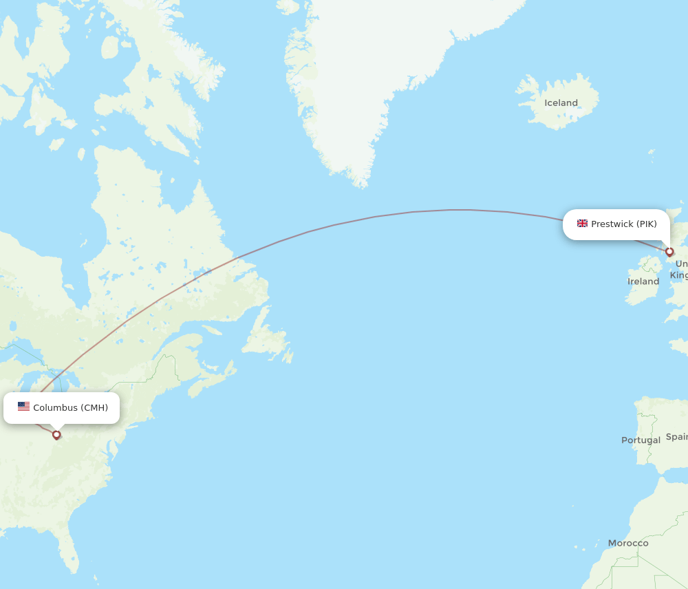 Glasgow - Columbus route map and flight paths