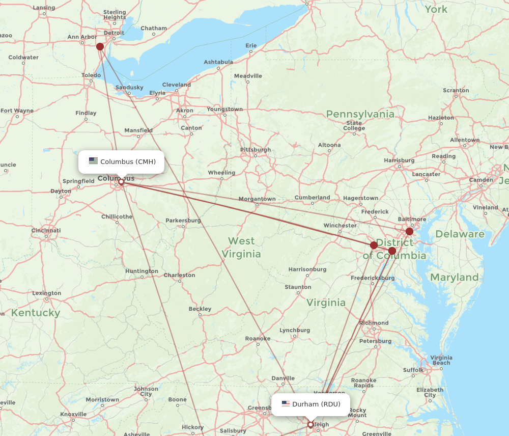 CMH-RDU flight routes