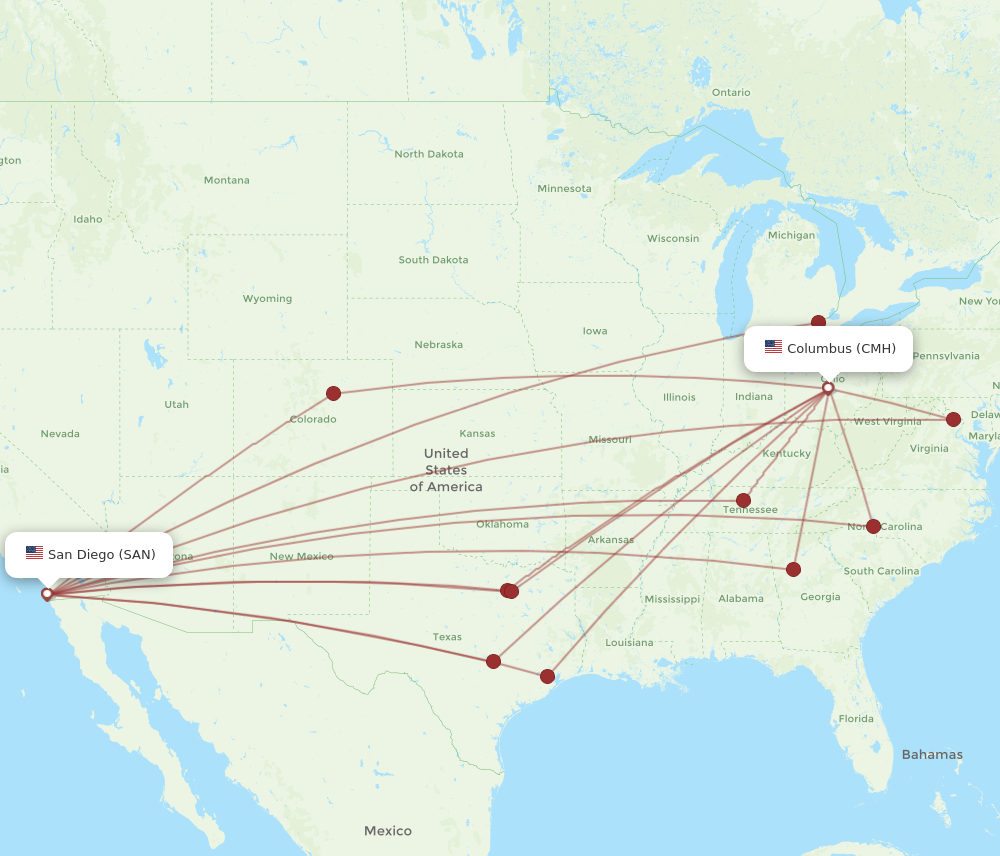 CMH to SAN flights and routes map