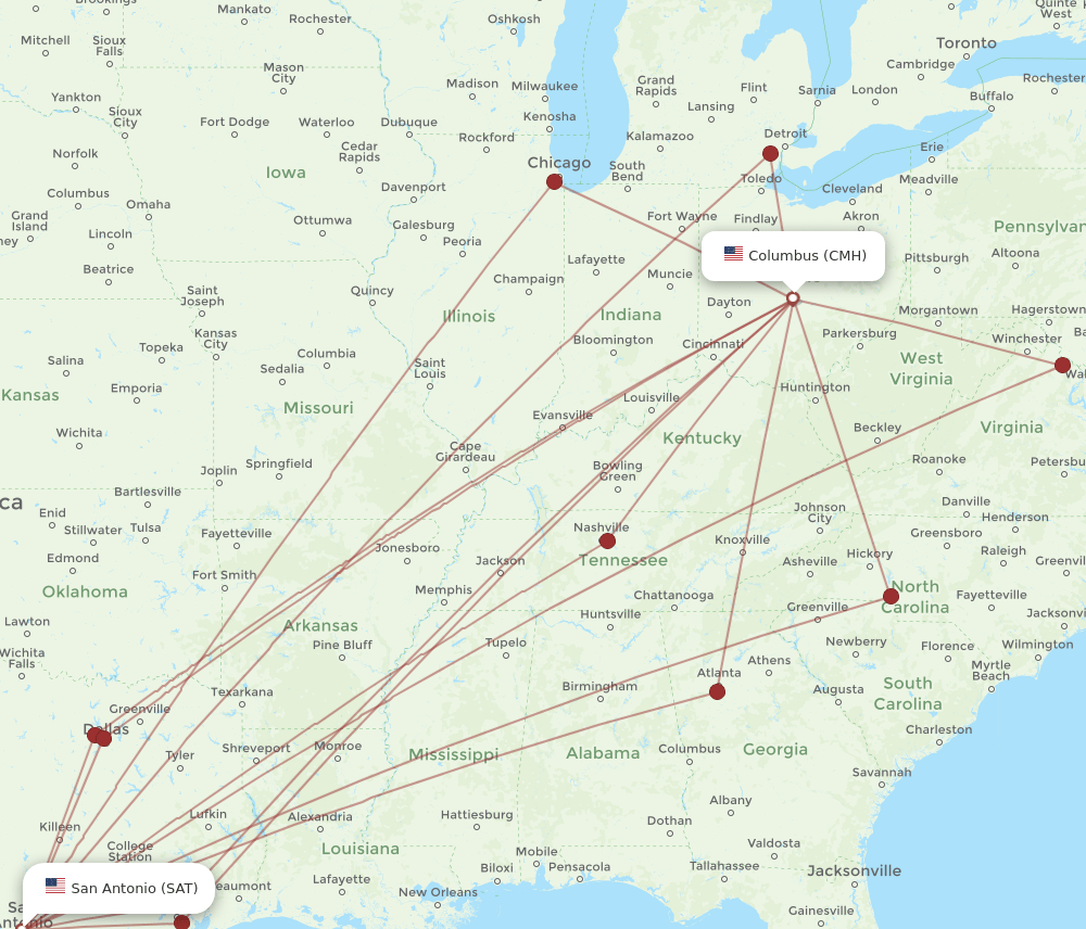 CMH-SAT flight routes
